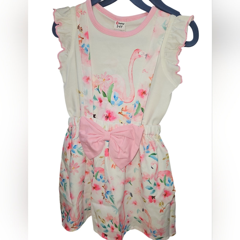 Girls Flamingo Floral Dress Size 3-4Y Pink Bow Ruffle Sleeves